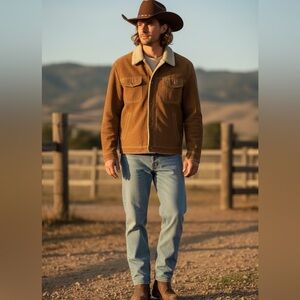 Wilson’s Leather M Julian tan suede leather jacket trucker style Sherpa lined XL